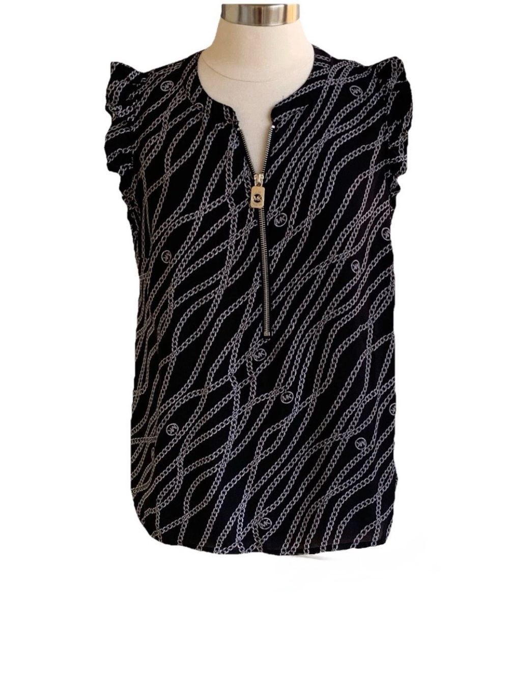 Michael Kors Top L Equestrian Chain Print MK Logo 1/4 Zip Sleeveless Blouse
